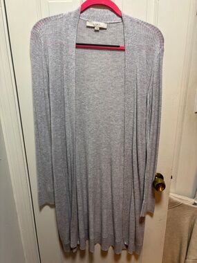 LOFT Heather Gray Open-Front Ribbed Cardigan
